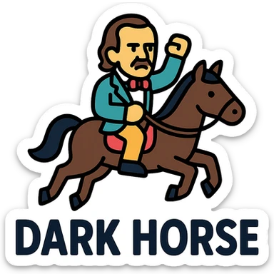 Polk on a horse, 'Dark Horse' text, campaign theme, color outline icon sticker
