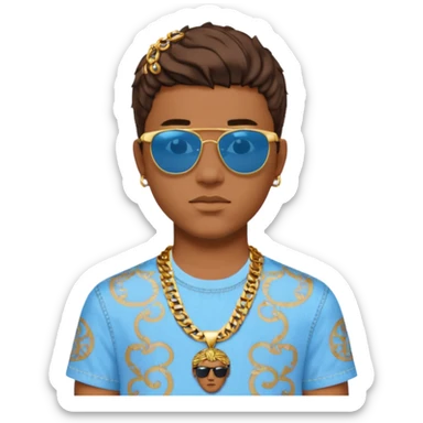 young man emoji with short brown hair, sunglasses on head, blue Versace shirt with gold patterns and Medusa logo, chain necklace, light blue jeans sticker