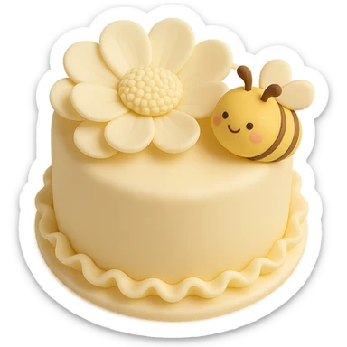Add a cute bee next to the white flower in fondant cake art style, keeping the cake-like appearance and colors consistent. sticker