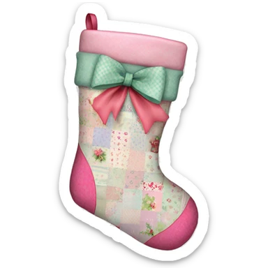 Coquette/cottage style Christmas stocking with pastel patchwork mini floral patterns and a pink bow sticker