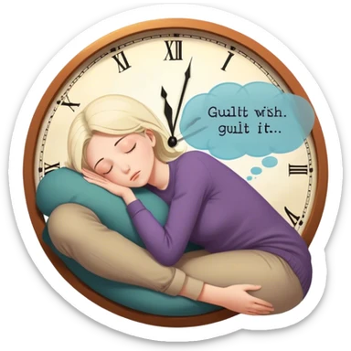 A person sits with their hands gently resting on their lap, eyes closed, exhaling slowly. Above them, a swirling thought bubble holds the words guilt and discomfort, but they don’t push it away—they just sit with it. In the background, a clock ticks softly, symbolizing the pause before responding.  sticker