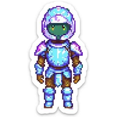 Add more pixelated armor details and highlights, keep pixel art style, no background. sticker