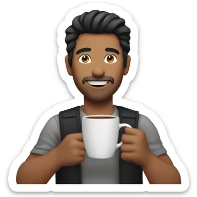 Man holding a Coffe cup with black hairs sticker