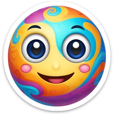 multicolored planet with swirls of bright colors and a happy smiling face with big eyes sticker