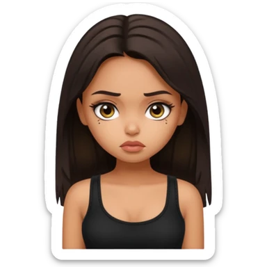 generate a pretty fair bratz girl with long dark brown hair looking sad. Wearing a black cami sticker