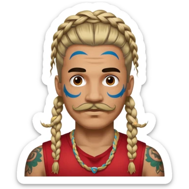 big lose braids starting from the top sides of the head man with mustache face wiith big visible loose only two braids and lots and lots of colored face tattoos colored tattoos like a tattoo artist hair unique color sticker