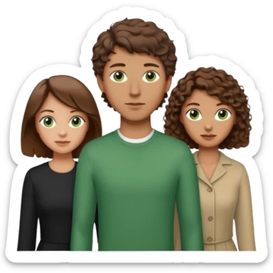 Man in the middle with brown hair and green eyes, women next to him with short brown hair with slight waves, taller women on right side with shoulder length curly hair and brown eyes sticker