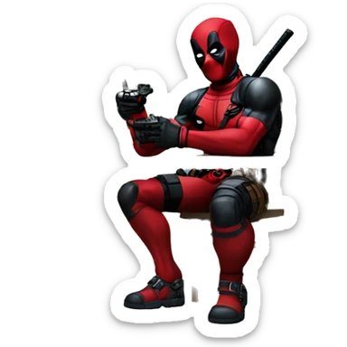 Deadpool holding xbox controller sitting at a desk, front view sticker