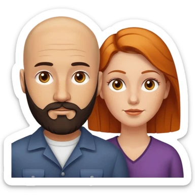 Couple. Bald man with dark brown-black beard. White woman with many small, faded freckles, she has white skin and she has auburn-yellow-brown-cinnamon, dark hair. She has light orange-brown eyes. The man have hazel eyes. Retro style. sticker