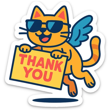 cheerful cat with wings and sunglasses, holding a thank you sign while flying sticker