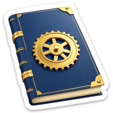 A navy blue book with gold details, metallic edges, and a golden gear with a chart with upward trend on the cover, radiating productivity success, strategy, and success in motion- sticker