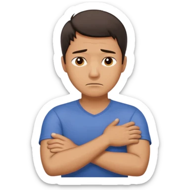 A man looking stressed holding the front of his neck with his arms crossed sticker