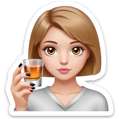 hazel eyes light brown hair white girl with short bob no bangs with a shot glass wearing black light pink nails sticker