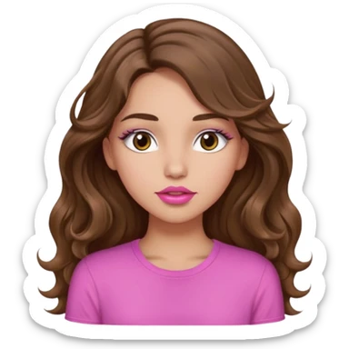 girl with long wavy brown hair, brown eyes, light to medium complexion, in a pink shirt, pink lips, long lashes,kissing sticker