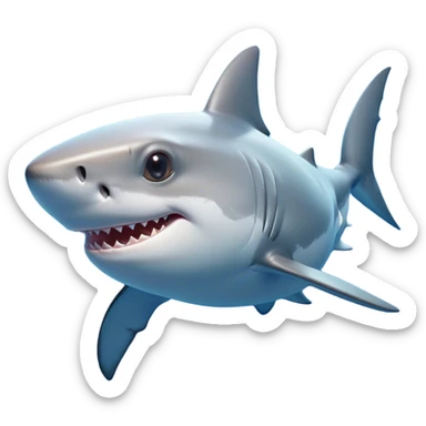 Cinematic Cute Shark Portrait Emoji, Head tilted playfully and inquisitively, featuring a glossy, streamlined body with a subtle shimmering hue and round, sparkling eyes filled with curious charm, Simplified yet irresistibly adorable features, highly detailed, glowing with a warm, friendly glow, high shine, affectionate and sleek, stylized with a touch of marine whimsy, bright and endearing, soft glowing outline, capturing the essence of a mischievous yet loving shark, so playful it feels like it could swim out of the screen into your arms! sticker