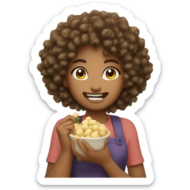 Curly haired girl eating garlic  sticker