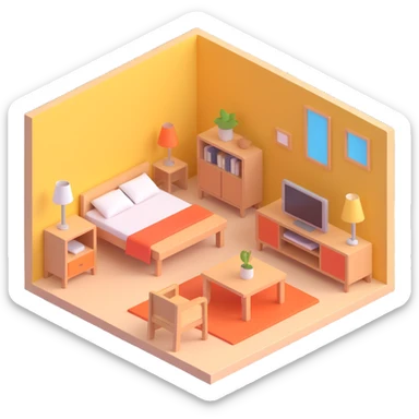 planned furniture, isometric view, colorful sticker