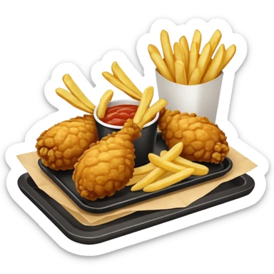 Piezas de pollo frito y papas fritas en baston sobre una bandeja rectangular plateada que contiene papel con patrón de cuadros blancos y negros  sticker