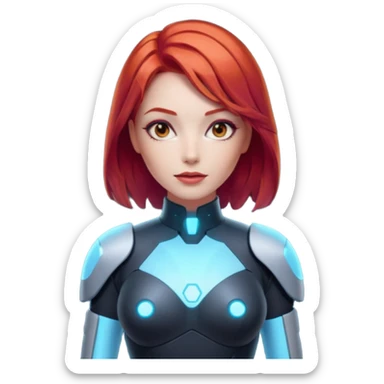 an AI agent, futuristic, digital, glowing, red hair, sexy dress sticker