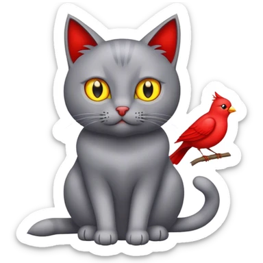 Grey cat watches red bird sticker