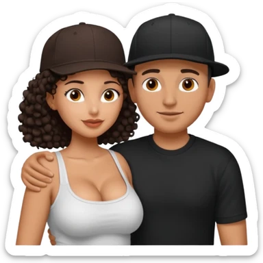 A picture of an embracing tanned couple. the man is a Mexican man with tanned skin, with a bald hair cut wearing a SnapBack hat and a black shirt. the woman has curly dark brown hair and with big boobs   sticker