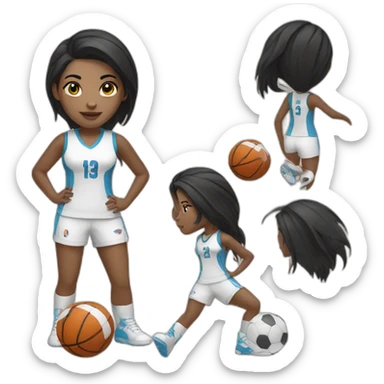 White skin female with black hair playing football with basket ball sticker