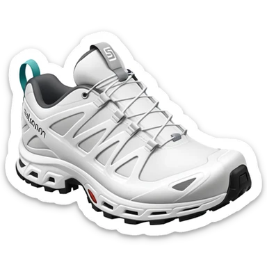 Bare minimum stylized white Salomon XT-6 sneakers in pure iOS emoji style, extremely clean lines, simplified shapes, one shoe behind the other, flat white design sticker