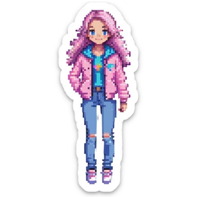 cheerful girl in a pink jacket and blue jeans, pixel art style sticker