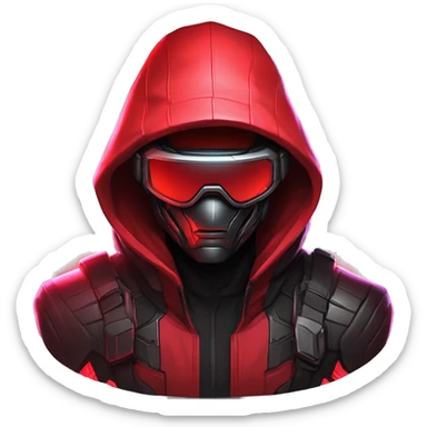 developer behind his laptop with this style : crysis Cyberpunk Riot Games Valorant neon glowing bright red character red dark black hooded assassin themed character sticker