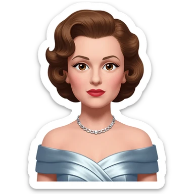 Judy Garland with brown eyes, brown hair, light steel blue metallic off shoulder dress, silver necklace sticker