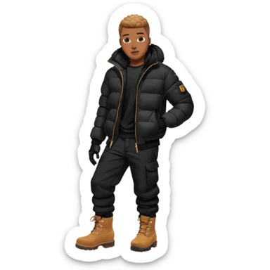 Handsome Black grown man with brown skin tone, wear black joggers, a black bubble coat, and buckwheat timberland boots, and black gloves sticker