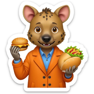 hyena with hamburger wearing orange coat sticker