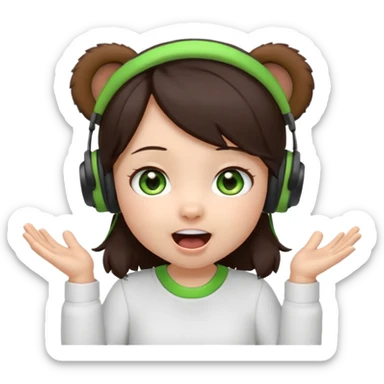Animated emoji, Chibi girl, dark brown hair, green eyes, wearing a white shirt and small brown bear ears on a black headset, with wide happy surprised eyes and mouth and clapping excitedly sticker