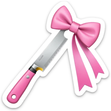 Kitchen knife with a pink bow tied around the handle, emoji style, simple, flat vector, white background, only one object sticker