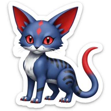 midnight blue-gray-black, with red markings, white belly, scaley Bastet-Noibat-Gatomon-Digimon-Fakémon-Pokémon-creature (full body) sticker
