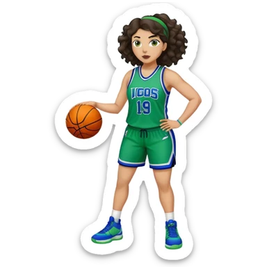 full body plus size light skin latino women basketball player with wavy dark hair large wide nose wearing blue with green uniform sticker