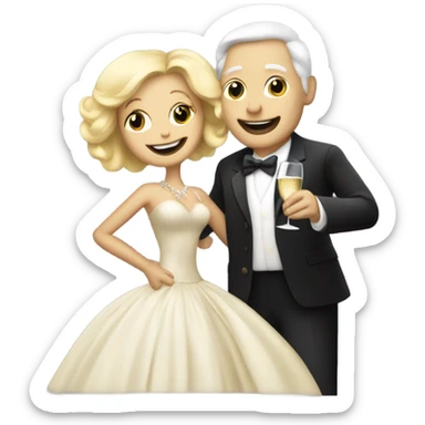 A sixty years man and a blonde woman dansing with a bottle of champagne by night sticker