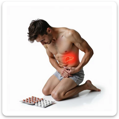 muscular young man bending in pain touching right side, blister packs of pills on ground, liver area highlighted in red, realistic details, isolated on white background sticker