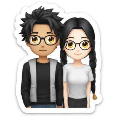 girl otaku redhead wearing glasses and black shirt with her saiyajin boyfriend black hair sticker