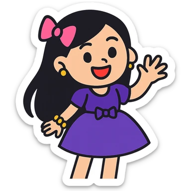Edit the image to depict a girly girl with long black hair, wearing a formal dress in vibrant toon style, with no background. sticker