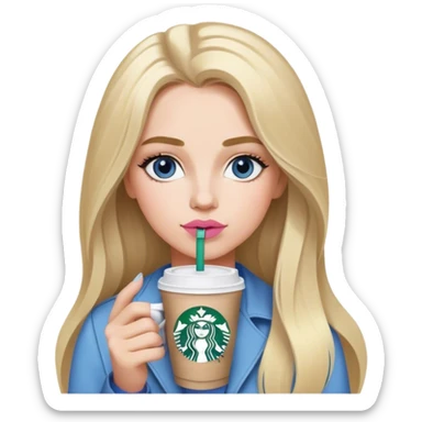 Long blonde grey highlighted with blue gray eyes sipping one Starbucks coffee. She has bushy eyebrows and pink lips  sticker