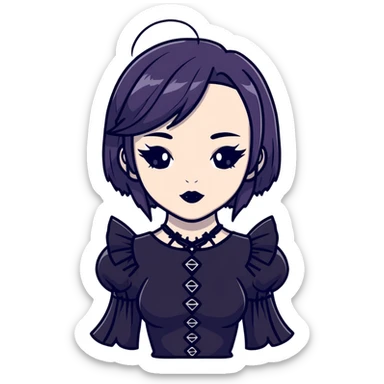 gothic girl with wide shoulders, small chest, dark makeup, black clothing sticker