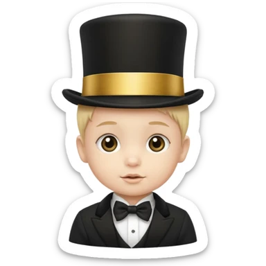 a baby in a black top hat with a gold stripe sticker