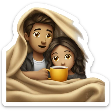tired Boy and girl  inside a blanket sipping coffee eyes opened sticker