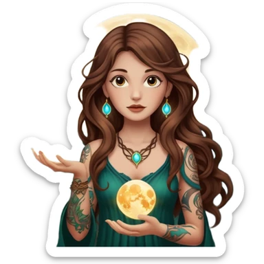 forest mystic woman long wavy brown hair tattoos holding glowing moon orb sticker