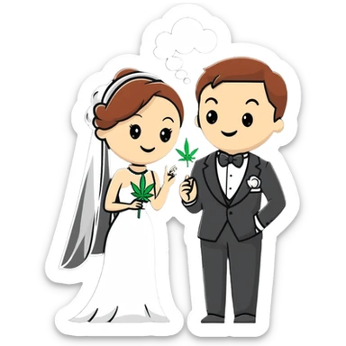 Bride in white dress and groom in tuxedo sharing a cannabis joint, cheerful cartoon wedding couple sticker