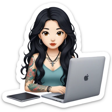beautiful girl, with tattoos, with long black hair, wavy hair, chinese, with laptop sticker