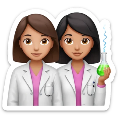 cientificas con blusa rosa y bata blanca felices, una chica con pelo marrón y otra chica un poco mas pequeña como una niña con pelo negro, deben tener la piel un poco bronceadas sticker