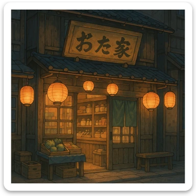 Cozy anime storefront with traditional Asian elements, warm lighting, hanging lanterns, shop sign in Japanese style, Studio Ghibli style sticker