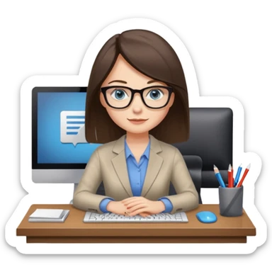 donna occhi azzurri con occhiali, capelli media lunghezza lisci, davanti al pc alla sua scrivania. è una grafica editoriale e redattrice sticker